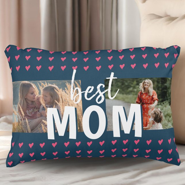 Cute Pink Heart Pattern Best Mum 2 Photo Decorative Cushion (Creator Uploaded)