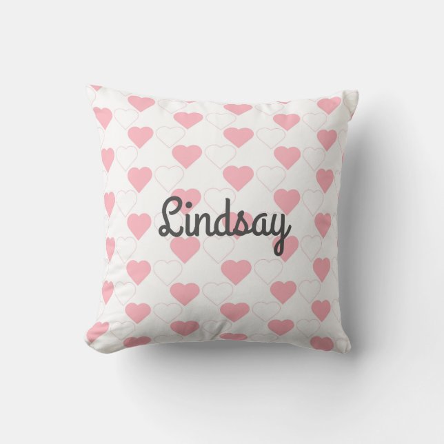 Cute Pink Heart Pattern Customisable Name White  Cushion (Front)