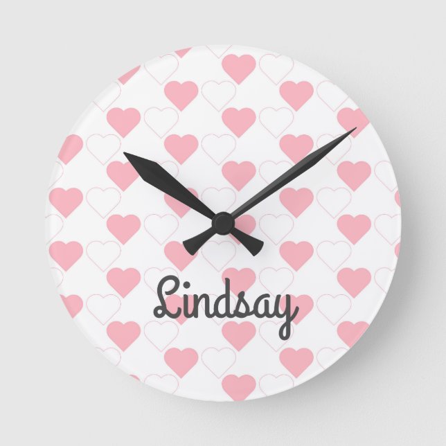 Cute Pink Heart Pattern Customisable Name White  Round Clock (Front)