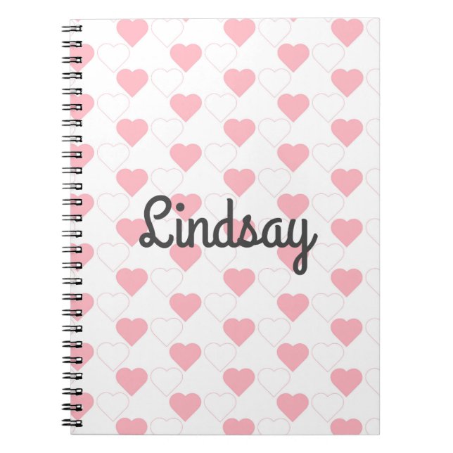 Cute Pink Heart Pattern Customizable Name White Notebook (Front)