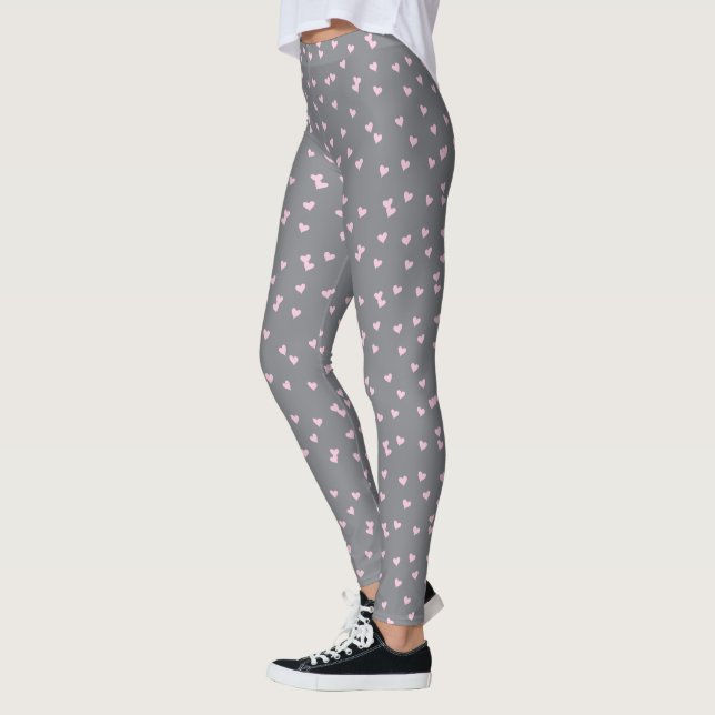 Cute Pink Heart Pattern on Grey Leggings (Left)