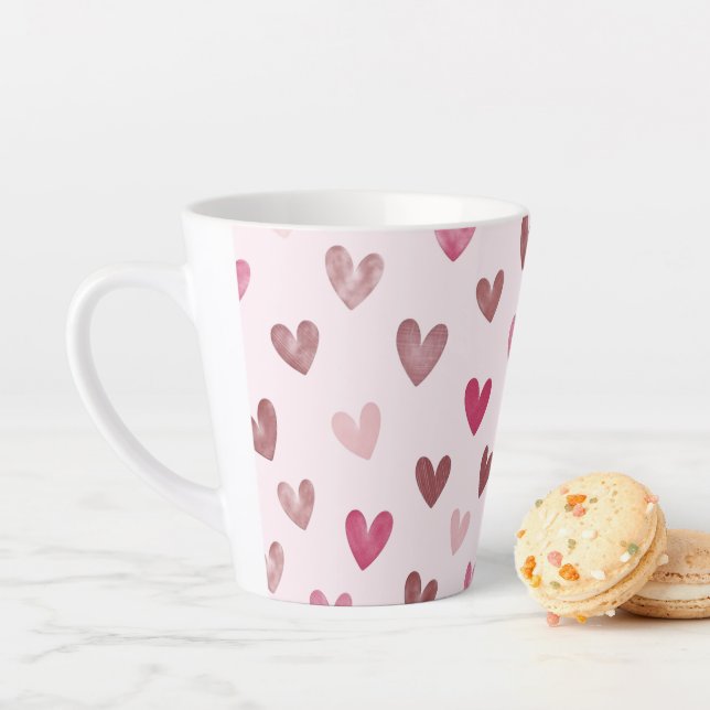 Cute Pink Heart Pattern – Romantic &Stylish Design Latte Mug (In Situ)