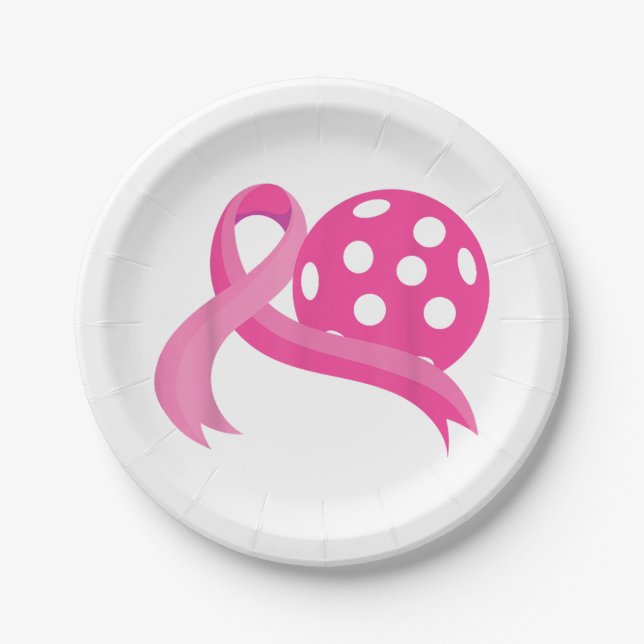 Cute Pink Heart Ribbon Pickleball Breast Cancer Aw Paper Plate (Front)
