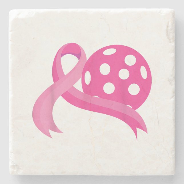 Cute Pink Heart Ribbon Pickleball Breast Cancer Aw Stone Coaster (Front)