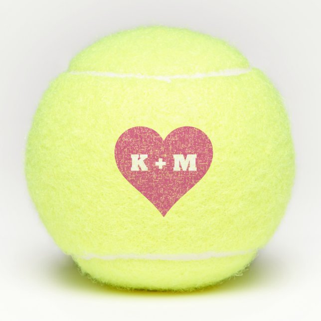 Cute Pink Heart Romantic Monogram Couple Initials Tennis Balls (Front)