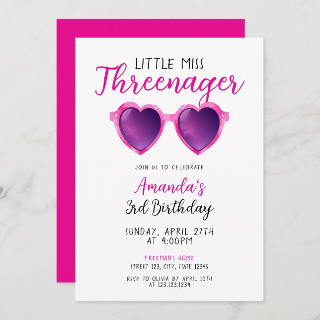 Cute Pink Heart Sunglasses Kids 3rd Birthday Invitation (Front/Back)