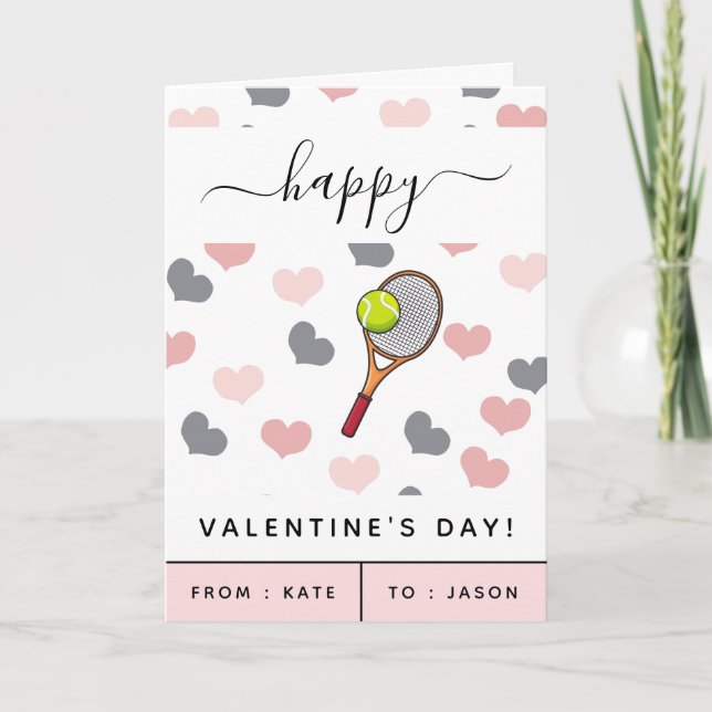 Cute Pink Heart & Tennis Racket Pattern Valentine  Holiday Card (Front)