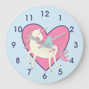 Cute Pink Heart Unicorn Nursery Large Clock