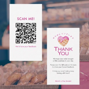 Cute Pink Heart Waffle Leave a Review QR Code Business Card