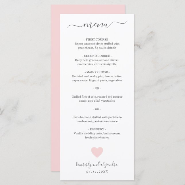 Cute Pink Heart Wedding Menu (Front/Back)
