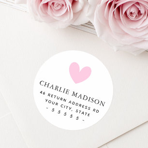 Cute pink heart white return address classic round sticker