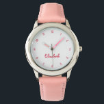 Cute Pink Hearts Girls Custom Name Girly Chic Kids Watch<br><div class="desc">Custom, personalised, kids girls fun cool pretty chic girly pink glitter strap, stainless steel case, wrist watch. Simply type in the name, to customise. Go ahead create a wonderful, custom watch for the lil princess in your life - daughter, sister, niece, grandaughter, goddaughter, stepdaughter. Makes a great custom gift for...</div>