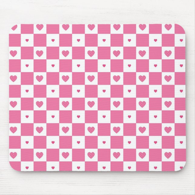 Cute Pink Hearts Girly Pink White Chequered Mouse Pad (Front)