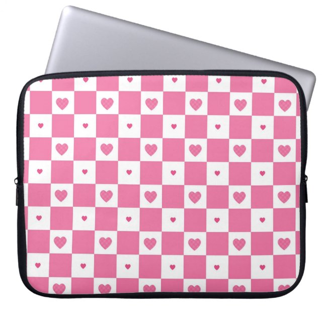 Cute Pink Hearts Girly Pink White Chequered Patter Laptop Sleeve (Front)