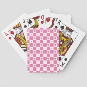 Cute Pink Hearts Girly Pink White Chequered Patter Playing Cards