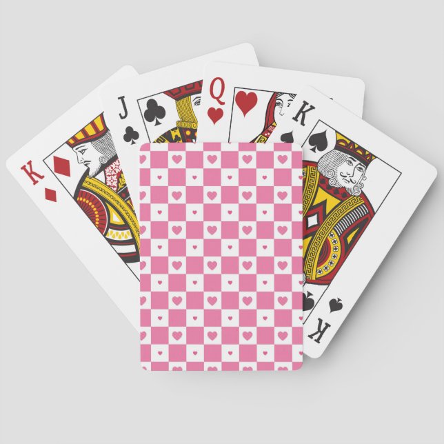 Cute Pink Hearts Girly Pink White Chequered Patter Playing Cards (Back)