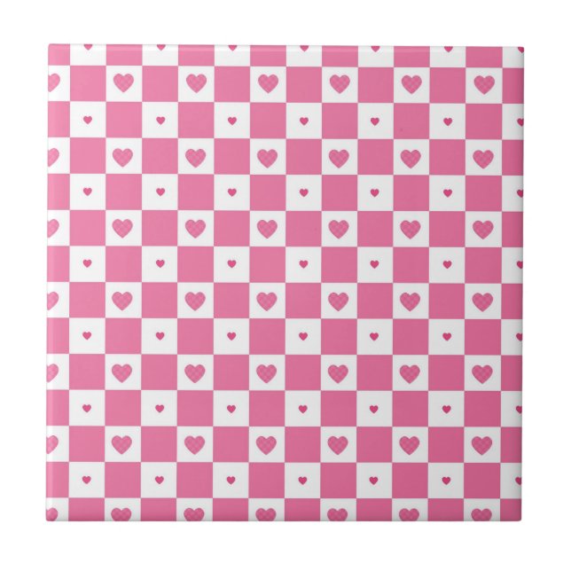 Cute Pink Hearts Girly Pink White Chequered Patter Tile (Front)