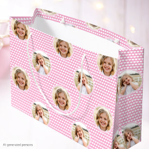 Cute Pink Hearts Kids Birthday Photo Large Gift Bag