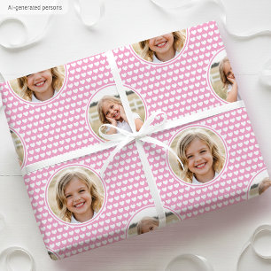 Cute Pink Hearts Kids Birthday Photo Wrapping Paper