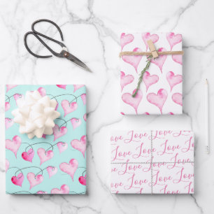 Cute Pink Hearts & Love Pattern Watercolor Wrapping Paper Sheet