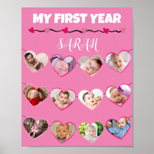Cute Pink Hearts My First Year 12 Photo Collage Poster