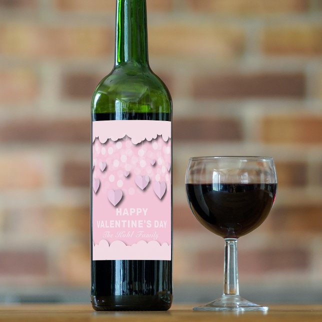 Cute Pink Hearts On Strings & Clouds Valentine's  Wine Label (Creator Uploaded)