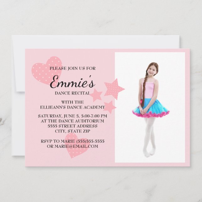 Cute Pink Hearts Stars Dance Recital Photo Invite (Front)