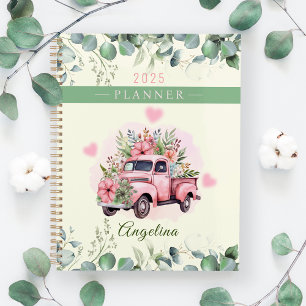 Cute Pink Hearts Vintage Flower Truck Personalise Planner