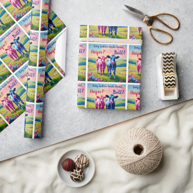 Cute Pink Heifer and Blue Bull Calf Wrapping Paper (Crafts)