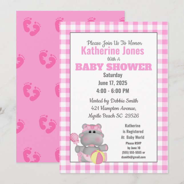 Cute Pink Hippo Baby Shower  Invitation (Front/Back)