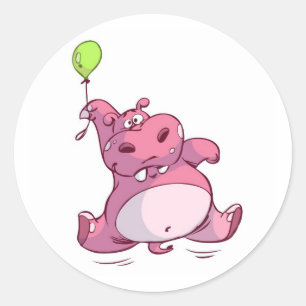 CUTE PINK HIPPO ON BALLOON CLASSIC ROUND STICKER