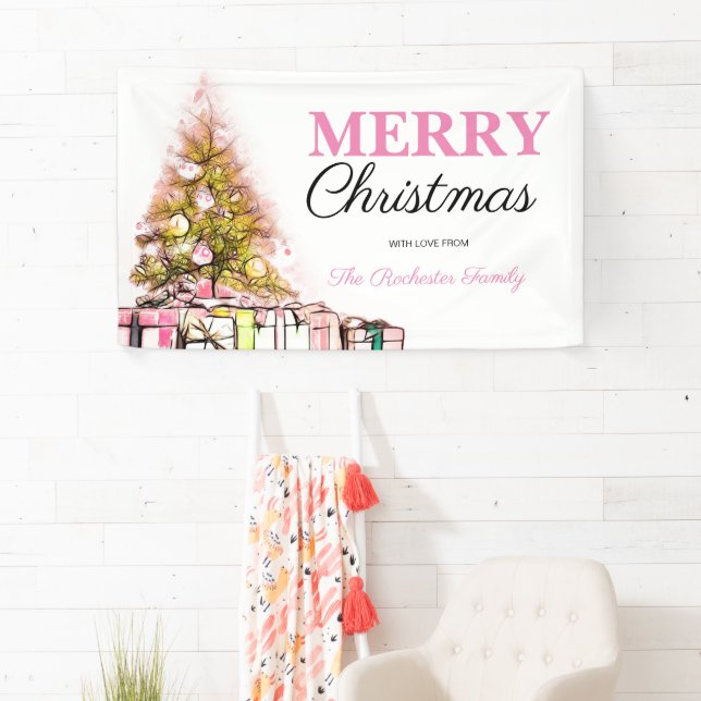 Cute Pink Holiday Tree Merry Christmas Party Banner (Insitu)