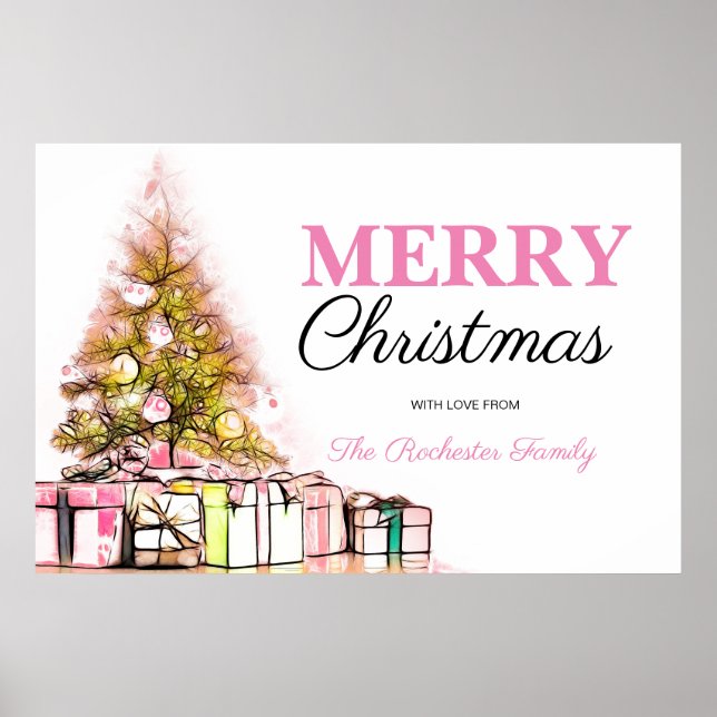 Cute Pink Holiday Tree Merry Christmas Party Poster (Front)