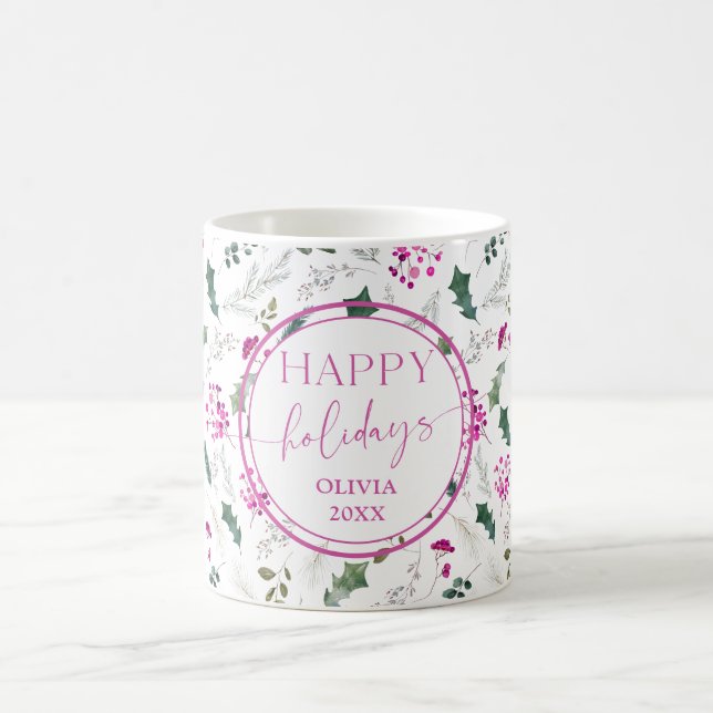 Cute Pink Holly Berries Name Holiday Mug (Center)