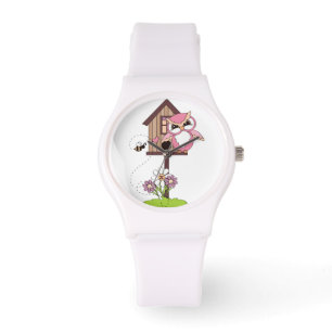 Cute Pink Hoot Owl and Birdhouse Watch