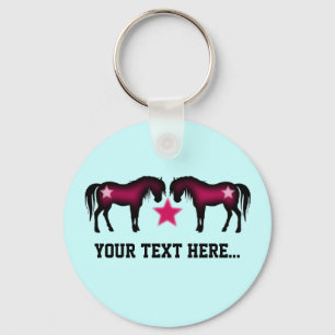 Cute Pink Horses On Blue Key Ring