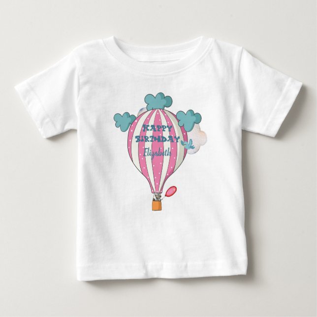 Cute Pink Hot Air Balloon With Racoon Baby T-Shirt (Front)