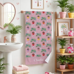 Cute Pink Houseplant Palm Tree Bath Towel