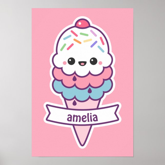 Cute Pink Ice Cream Cone Poster (Front)
