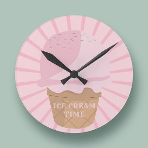 Cute Pink Ice Cream Cone with Sprinkles Round Clock