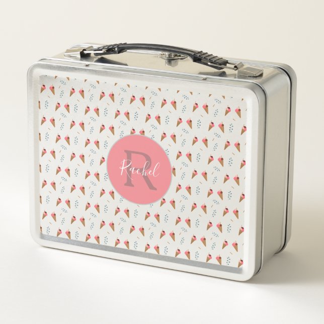 Cute Pink Ice Cream Pattern with Monogram Name  Metal Lunch Box (Back)