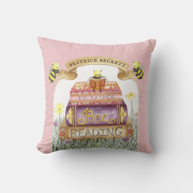 Cute Pink I'd Rather Bee Reading Book Lover  Cushion (Front)