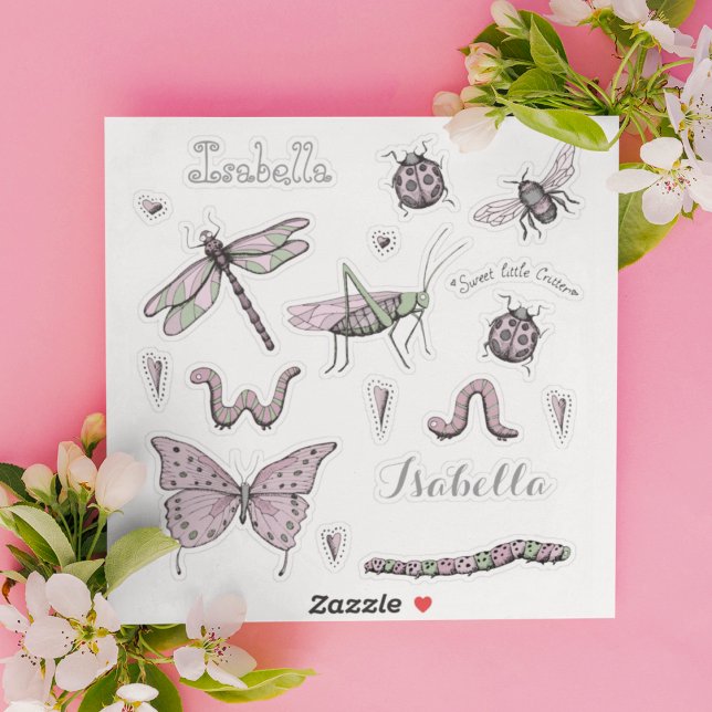 Cute Pink Insect and Beetle (Adorable, girly ink drawing stickers of the cutest insects with 2 name stickers in Gray.)