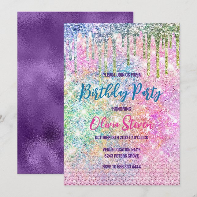 Cute pink iridescent unicorn faux glitter monogram invitation (Front/Back)