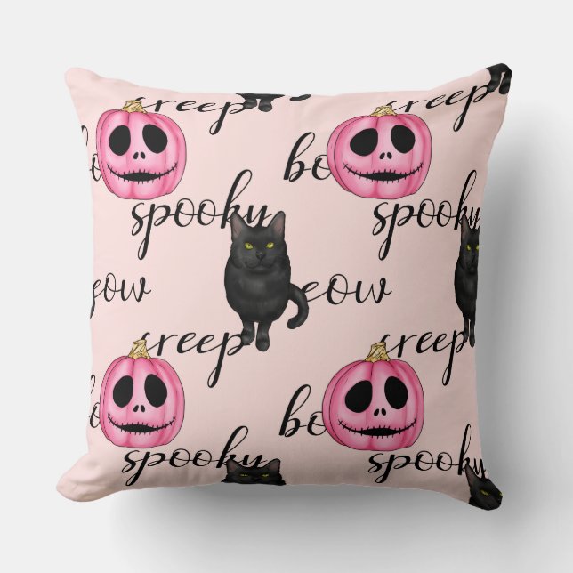 Cute Pink Jack-o'-Lantern and Black Cat Pattern Cushion (Front)