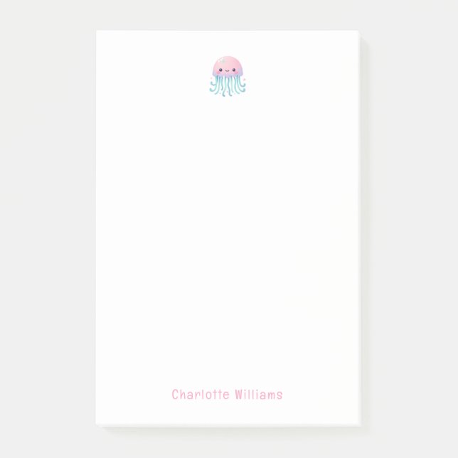 Cute Pink Jellyfish Custom Kids Name Post-it Notes (Front)