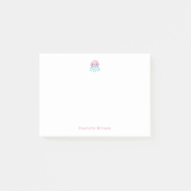 Cute Pink Jellyfish Custom Kids Name Post-it Notes (Front)