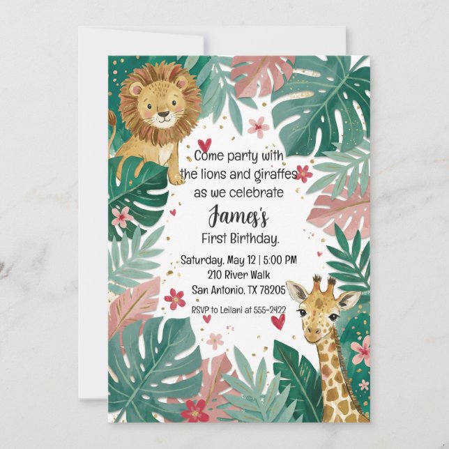 Cute Pink Jungle Safari First Boy Birthday Invitation (Front)