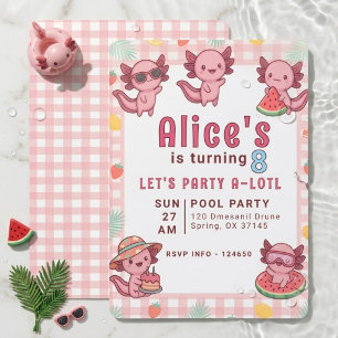 Cute Pink Kawaii Axolotl 8th Birthday Pool Party Invitation