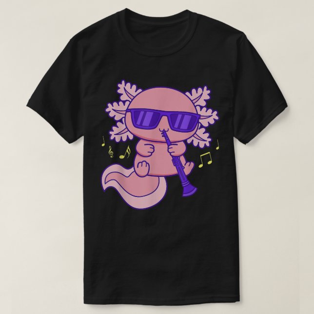 Cute Pink Kawaii Axolotl With Glasses Playing Clar T-Shirt (Design Front)